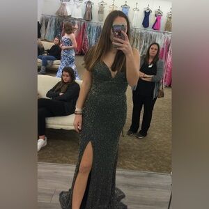 Sparkle V-Neck Evening Dress in Dark Green